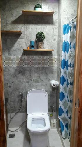 a bathroom with a white toilet and a blue shower curtain at The Treehouse A @ Trees Residences in Manila