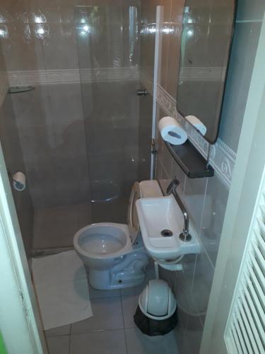 Hotel Pousada Papaya Verde في سلفادور: حمام صغير مع مرحاض ومغسلة