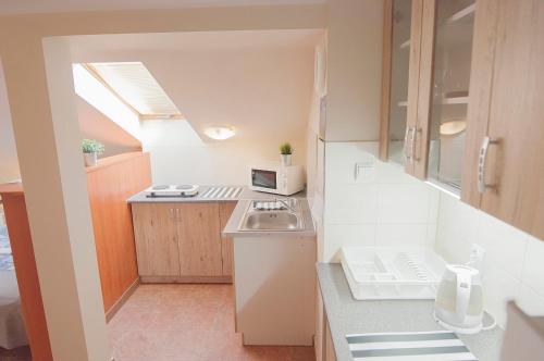 a small kitchen with a sink and a counter at Apartamenty na Dębcu in Poznań