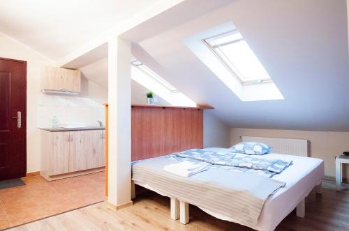 - une chambre avec un lit dans une pièce dotée de lucarnes dans l'établissement Apartamenty na Dębcu, à Poznań