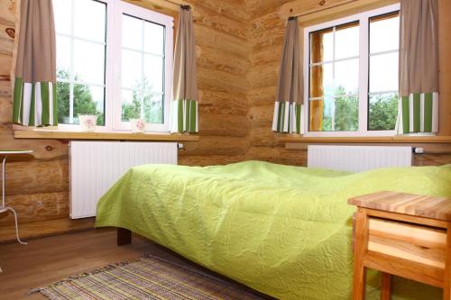 a bedroom with a green bed and two windows at Asvejos slenis in Sužionys