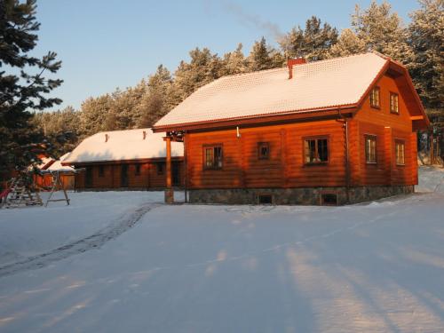 a large wooden house with snow on the ground at Asvejos slenis in Sužionys