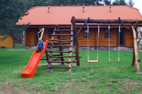 a child playing on a slide in a playground at Asvejos slenis in Sužionys