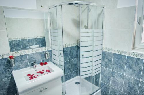 uma casa de banho com um lavatório e um chuveiro em Hotel Elisabeta em Bucareste