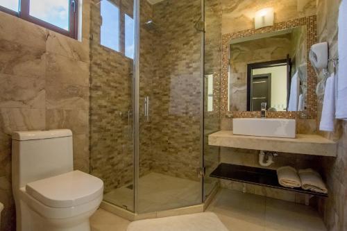 ein Bad mit einer Dusche, einem WC und einem Waschbecken in der Unterkunft Caribbean Diamond Boutique Hotel in Sosúa