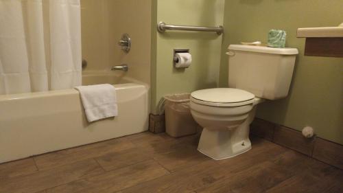 a bathroom with a white toilet and a bath tub at Harbor Lights Lodge in Kewaunee
