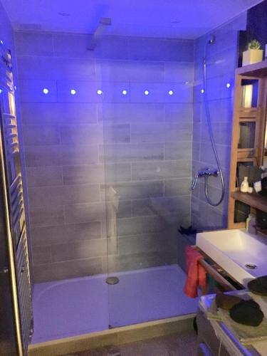 une salle de bain avec une douche avec une porte vitrée dans l'établissement Superbe Studio in Nice at 450m from the sea with Clim, à Nice