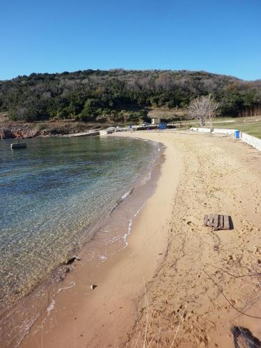 a sandy beach with water and trees in the background at Holiday Home with Sea View in Vrbnik