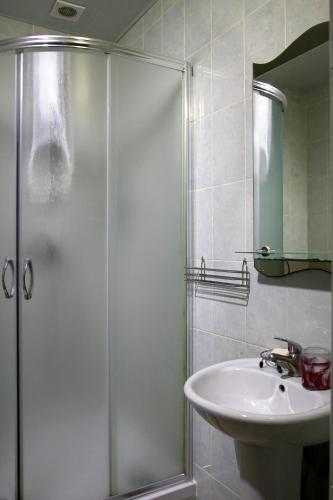 a bathroom with a shower and a sink at Perlyna Podillyа in Satanov