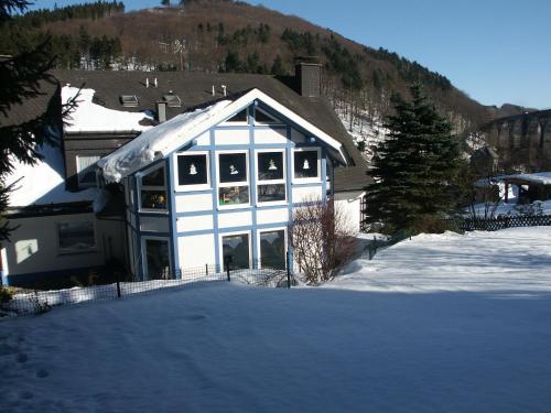 a house with snow on the ground in front of it at Appartementhaus Vierjahreszeiten in Willingen