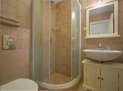a bathroom with a shower and a toilet and a sink at Villa Rosa in Vrboska