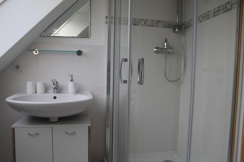 a white bathroom with a sink and a shower at Ferienwohnung Hamberge in Hamberge
