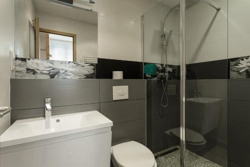 een badkamer met een douche, een toilet en een wastafel bij Apartment La Maisonnee in Chamonix-Mont-Blanc