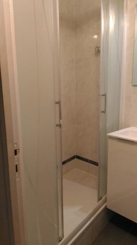 une douche avec une porte vitrée dans une salle de bain dans l'établissement Appartement les Domes, à Le Mont-Dore