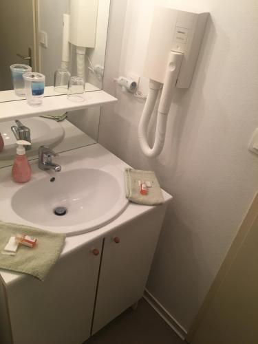 une salle de bain avec un lavabo et un miroir dans l'établissement Barnetche, à Villefranque