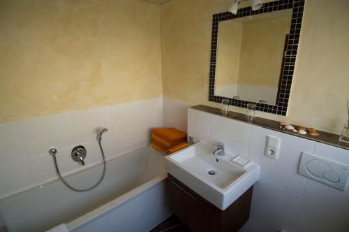 a bathroom with a sink and a shower with a mirror at FeWo-Schwarzer in Ingelheim am Rhein