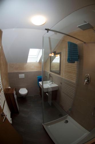 a bathroom with a shower and a sink and a toilet at FeWo-Schwarzer in Ingelheim am Rhein
