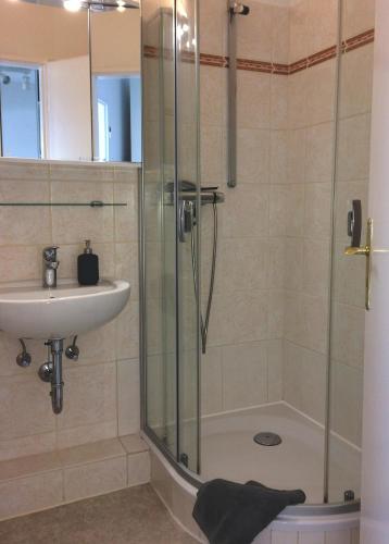 a bathroom with a shower and a sink at Ferienwohnung Jolle in Bremerhaven