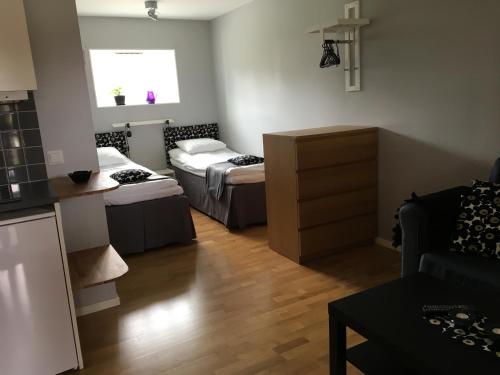 a living room with two beds and a couch at Ljungs Fem Rum in Västergarn