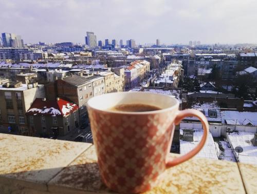 een kop koffie bovenop een raam bij Apartment J&M in Zagreb