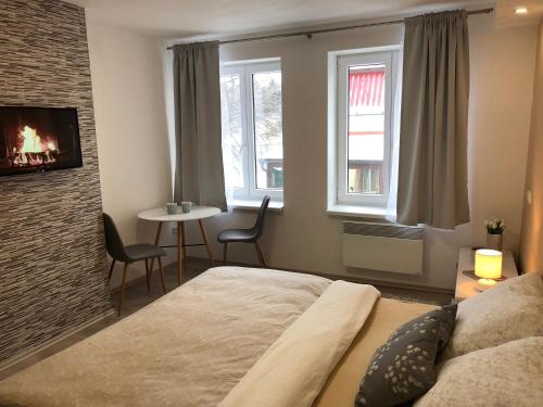 a bedroom with a bed and a fireplace and a table at Apartmán U Zlaté hroudy in Zlaté Hory