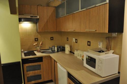 a kitchen with wooden cabinets and a white microwave at Apartamenty w Stegnie in Stegna