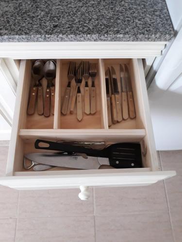 a drawer filled with knives and utensils in a cabinet at Navarro Departamentos Temporarios in Navarro