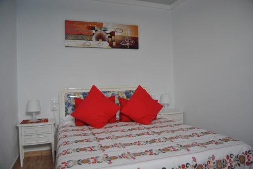 アレシーフェにあるÁtico Tanausúのベッドルーム1室(赤い枕のベッド1台付)