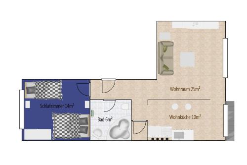 Grundriss eines Badezimmers und eines Schlafzimmers in der Unterkunft Wohnen im gemütlichem Ambiente in Bremen