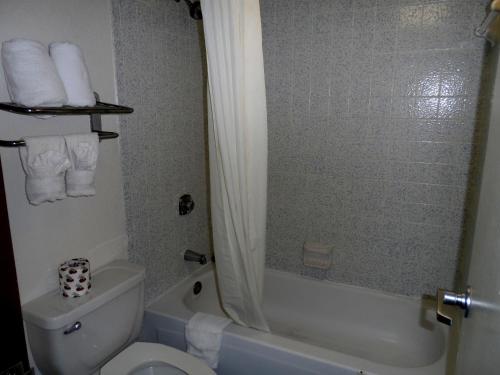 a bathroom with a toilet and a tub and a sink at Budgetel Inn Houston/Nasa in Webster