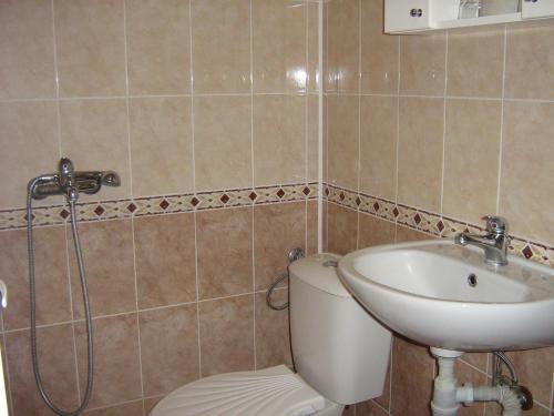 een badkamer met een douche, een toilet en een wastafel bij Hotel Maritsa in Lyubimets