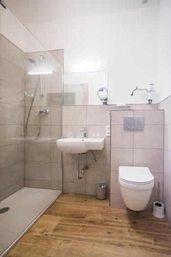 a bathroom with a toilet and a sink and a shower at Hotel Wiesengrund Business & Boutique in Dinklage