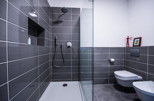 W łazience znajduje się prysznic, toaleta i umywalka. w obiekcie Terasy Mládí Máchovo jezero w mieście Staré Splavy