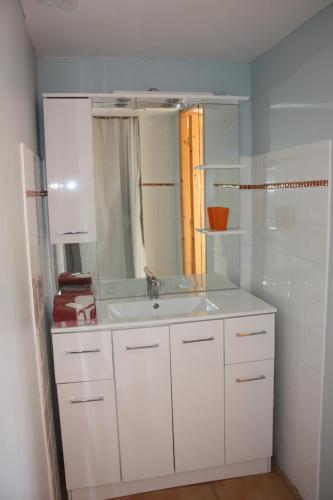 a bathroom with a white sink and a mirror at Presbytère de jonquiere in Lavaur