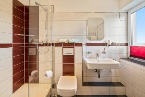 a bathroom with a toilet and a sink at Hotel Rabennest in Rabenau