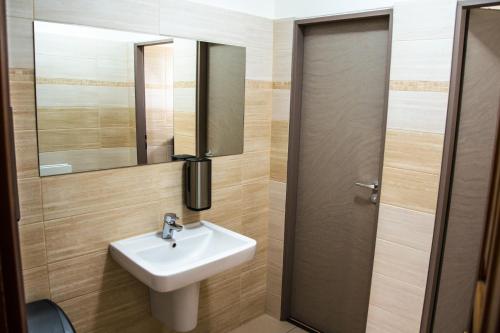 W łazience znajduje się umywalka i lustro. w obiekcie Hotel U Jezera w mieście Velký Osek