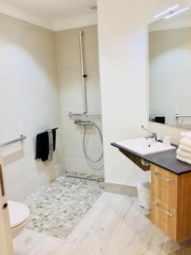a bathroom with a sink and a shower at Brasilia Hôtel in Palavas-les-Flots