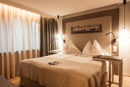 una camera d'albergo con letto e finestra di Hotel Daniela a Zermatt