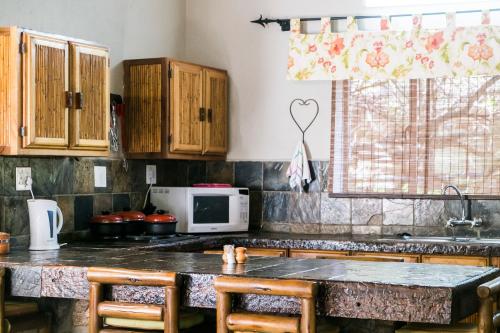 a kitchen with wooden cabinets and a counter top at Moholoholo Ya Mati in Kampersrus AH