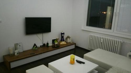 uma sala de estar com uma televisão de ecrã plano na parede em Byt v centre mesta Martin em Martin