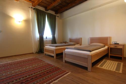a bedroom with two beds and a window and a rug at Bibic Nature Lodge in Balmazújváros