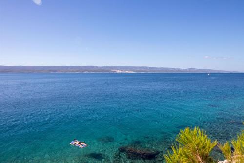 a view of a large body of water with two people swimming in it at Apartments Djani in Mimice