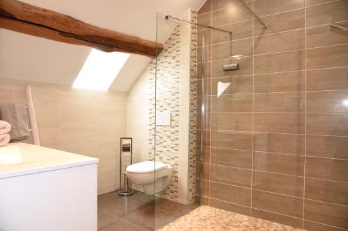W łazience znajduje się toaleta i przeszklony prysznic. w obiekcie Gite le murger w mieście Meursault