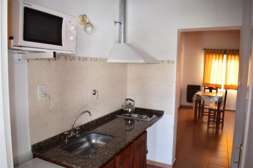 a kitchen with a sink and a microwave at Piscoyaku Apart in Potrero de los Funes