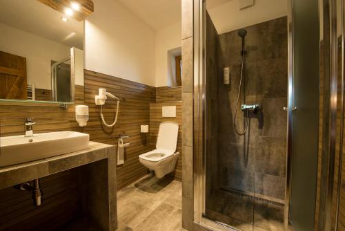 a bathroom with a shower and a toilet and a sink at Chata Piecky in Hrabušice