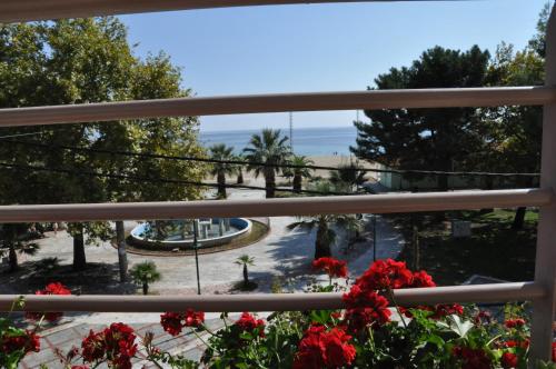 a view from the balcony of a resort with red flowers at Al Mare in Asprovalta