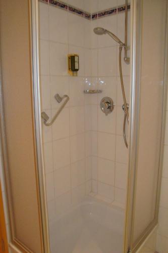 a bathroom with a shower with a glass door at Ferienwohnung Hofer in Schwangau