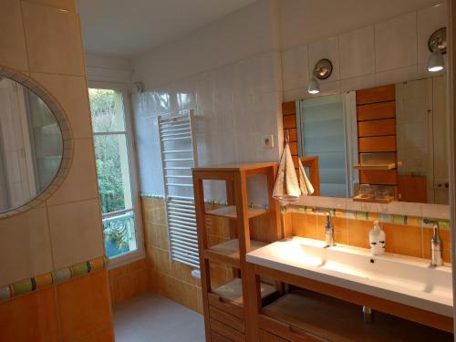 een badkamer met een wastafel en een spiegel bij L'Orée de Versailles in Versailles