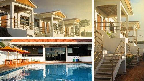 a collage of pictures of a house and a swimming pool at Arena Blanca Eco Hotel in Puerto Baquerizo Moreno