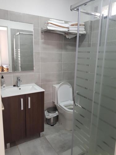 a bathroom with a toilet and a sink and a shower at Apartamento junto a la playa by Hugo Beach in Gandía